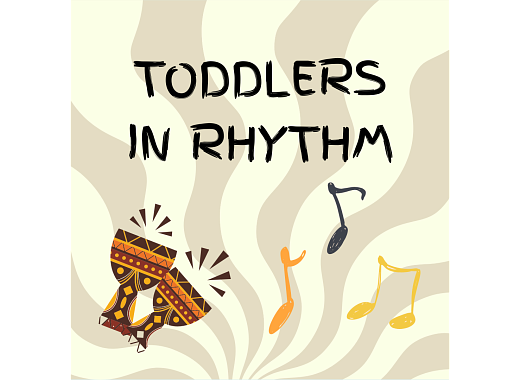the words toddlers in rhythm above an image of african drums and music notes on a wavy background.