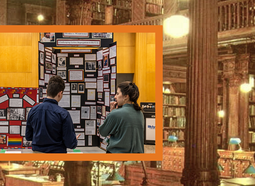 Banner with Student and judge looking at History Day Project