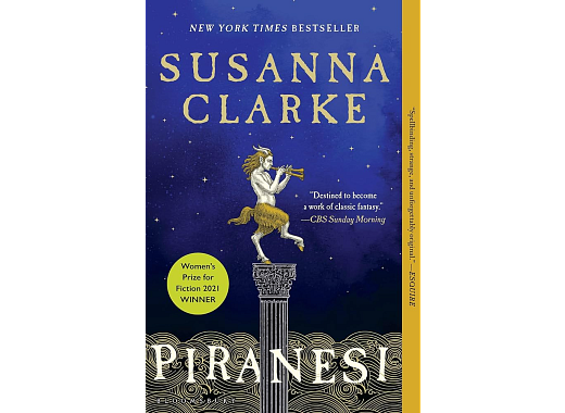 book cover for Susanna Clarke's Piranesi. Depicts a faun playing a flute, standing atop a Greek column with a sea of stars above him.